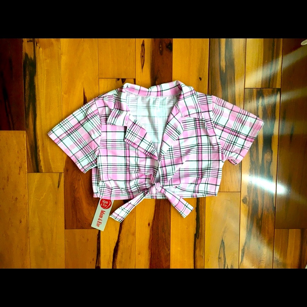 ADAM & EVE E Spiral Pink Plaid Front Tie Front Top